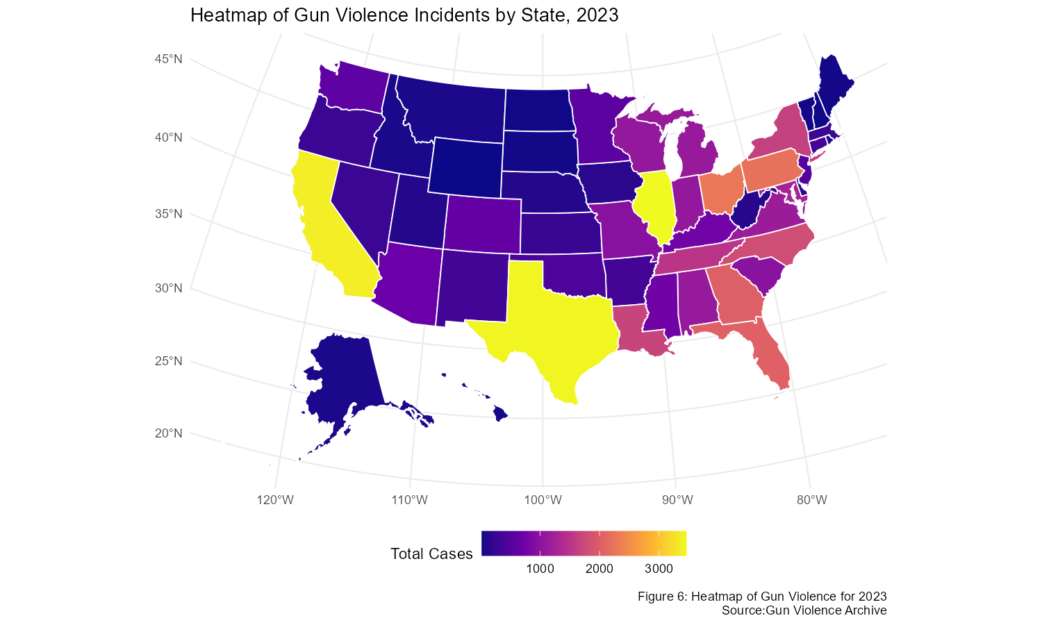 US choropleth map of gun violence by state 2023